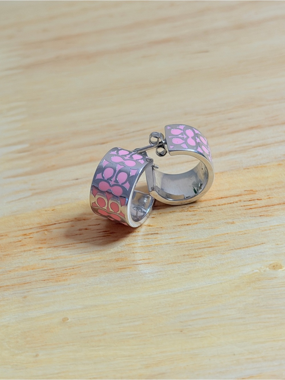Coach Pink Silver Signature Hoop Earrings - Picture 2 of 10